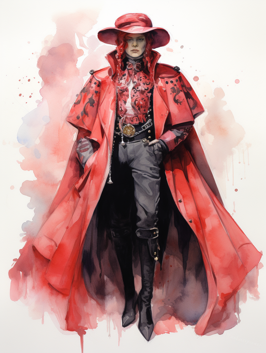 Fashionable man in futuristic baroque cape and hat suit