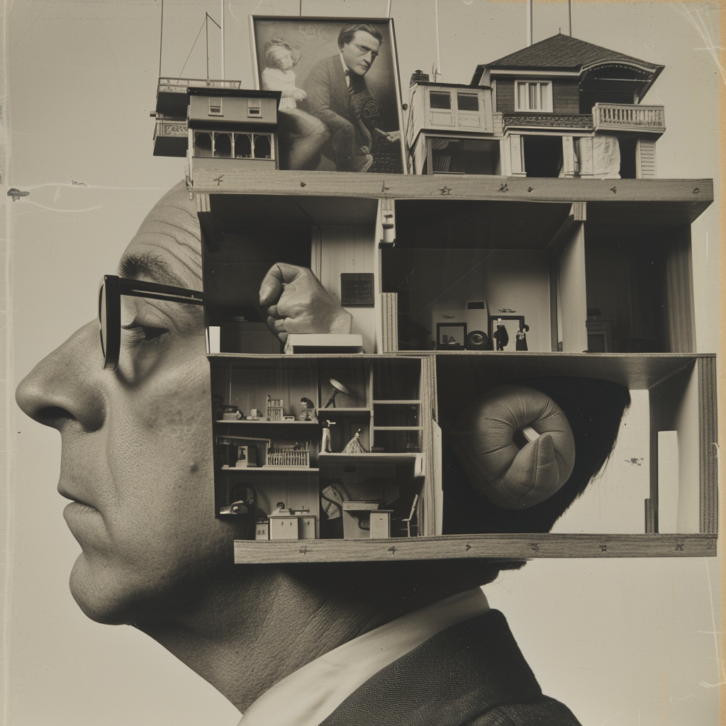 Man with Giant Head and Dollhouse