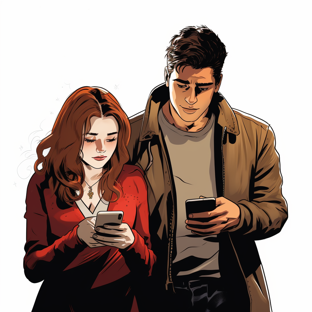 Man and girl on cell phones - comic style