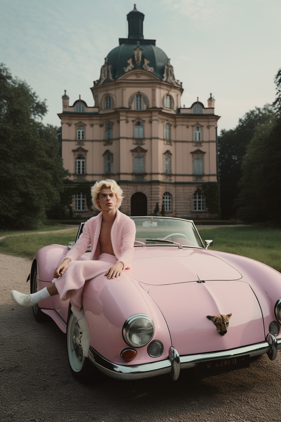 Man with Golden Hair in Convertible with Cats