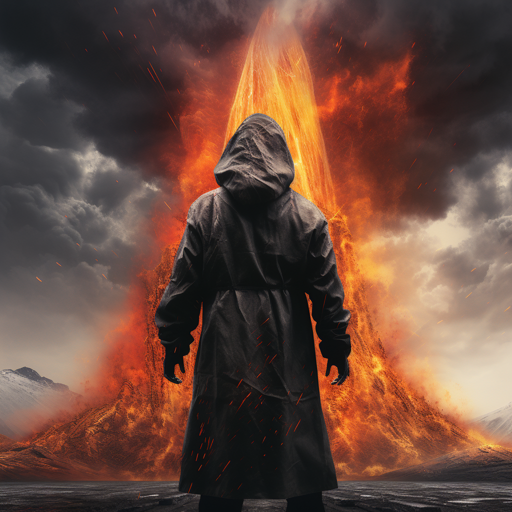 Man in Gray Karpa Jacket and Erupting Volcano