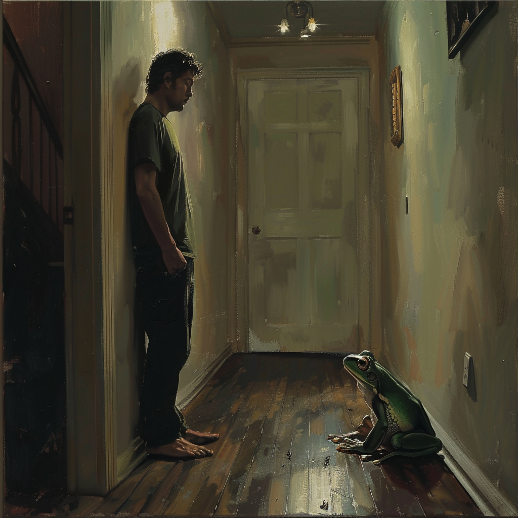 Sad man and tree frog in hallway