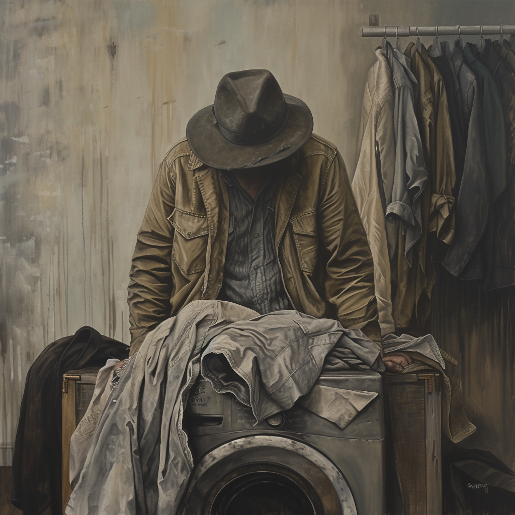 Man doing laundry with a hat