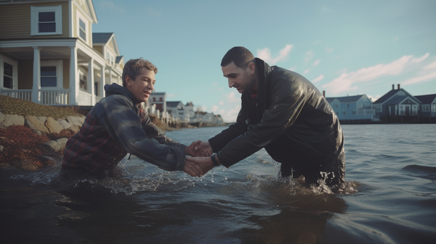 Man helping vulnerable person in ocean town