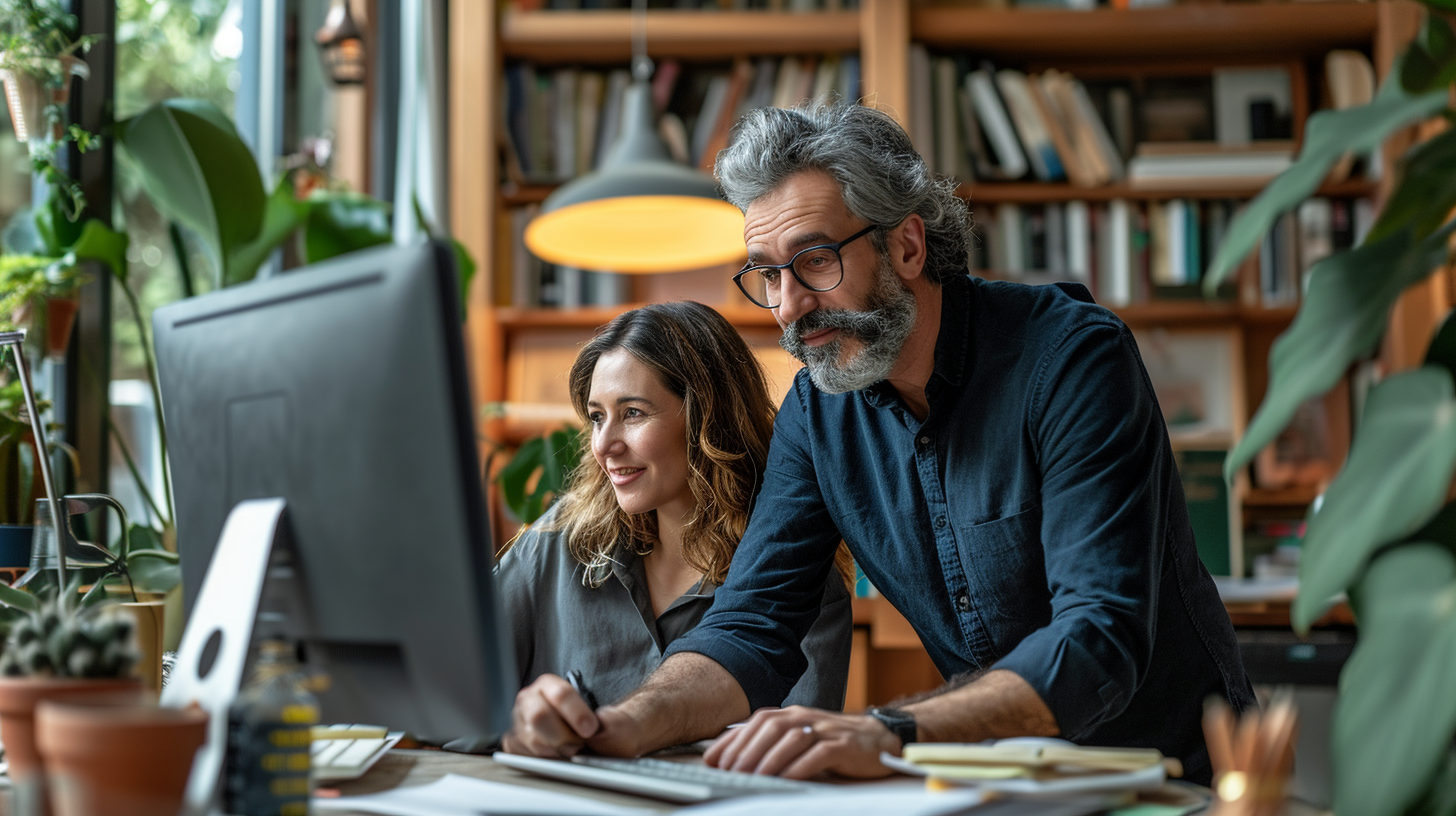 Man helping wife with QuickBooks software