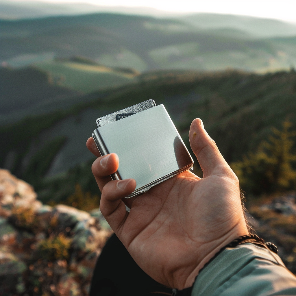 man holding aluminum wallet