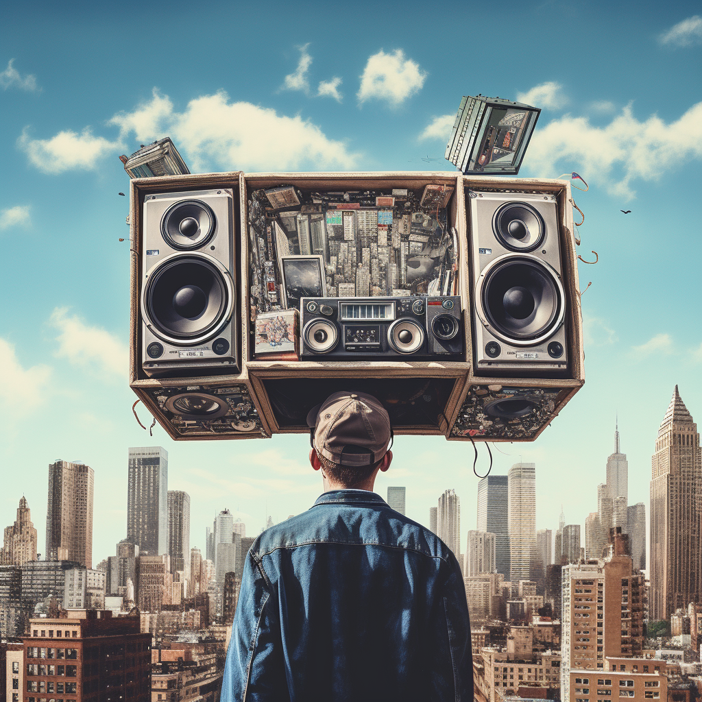 Man holding boombox in city