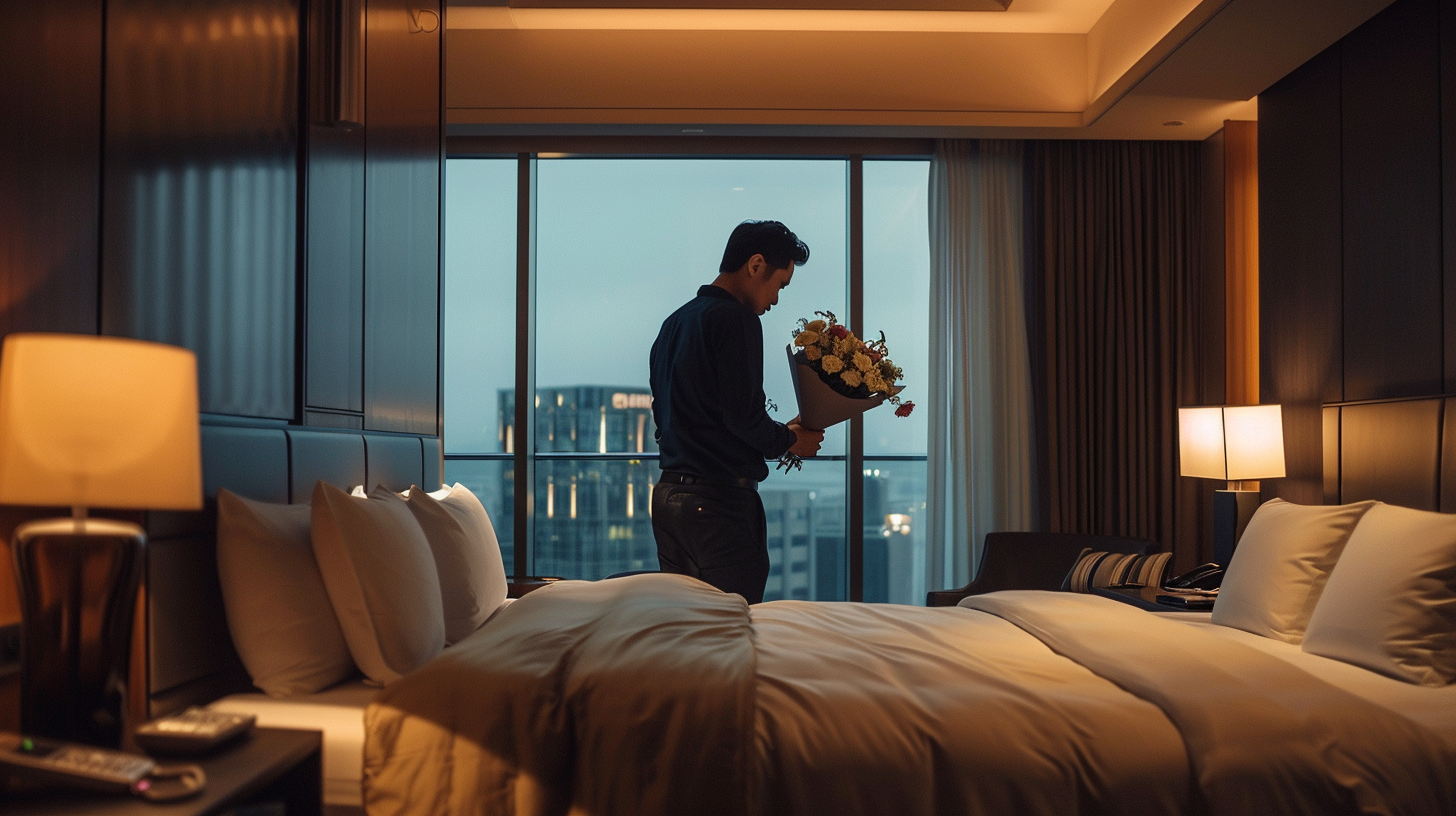 Man holding bouquet in hotel room