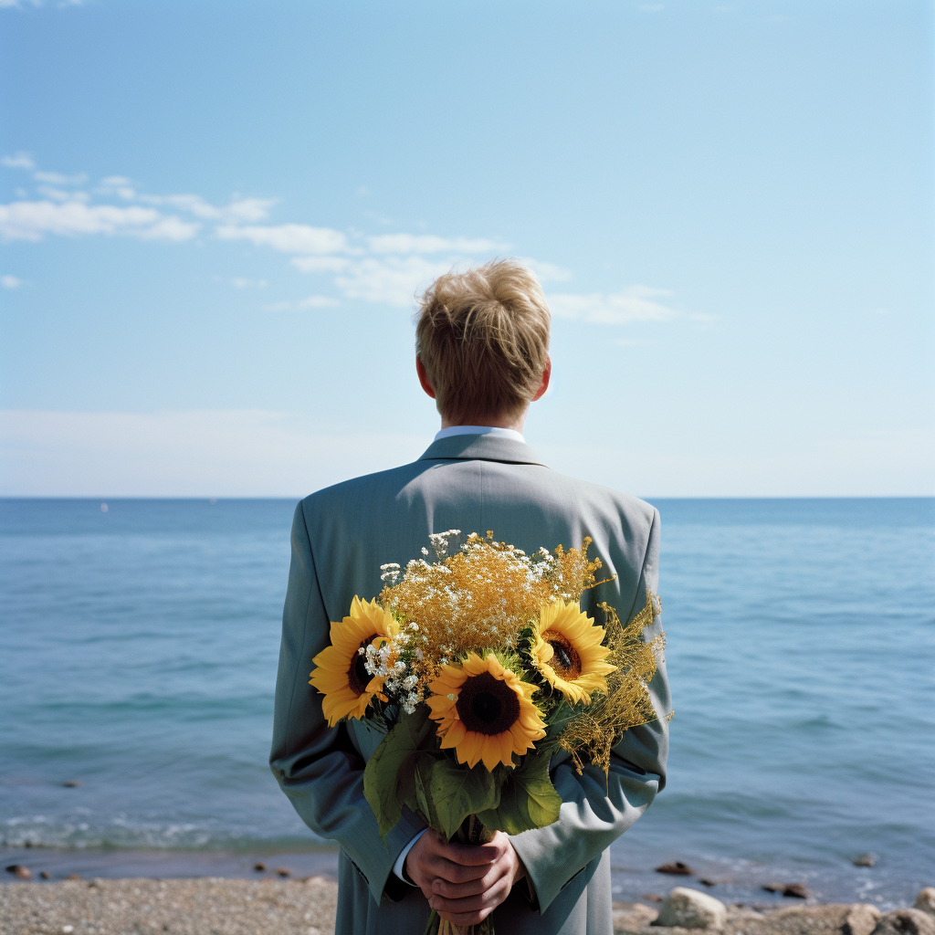 Man holding sunflowers by the sea