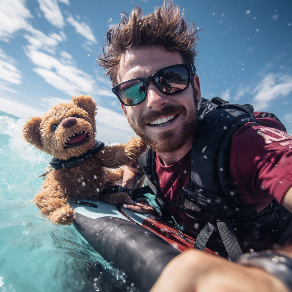 Man holding Freddy Fazbear plush while surfing