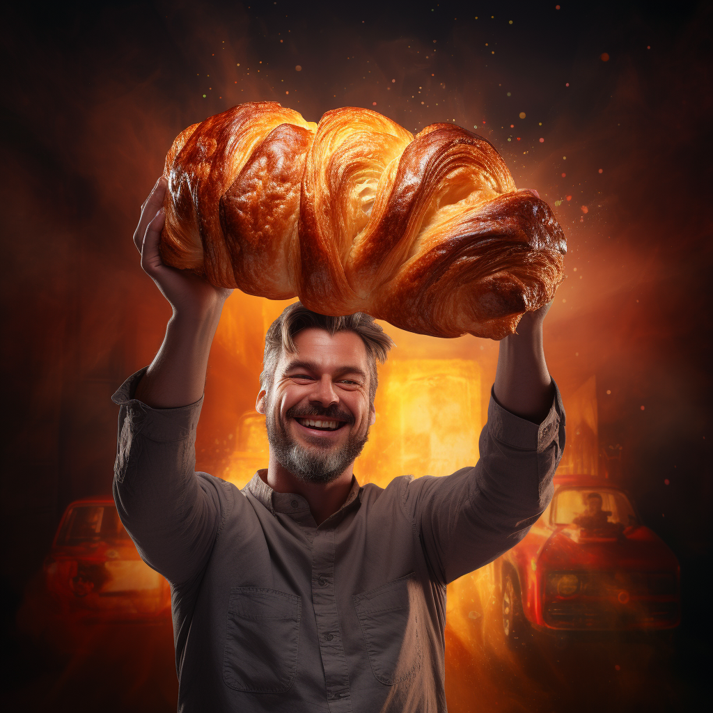 Man holding giant pain au chocolat