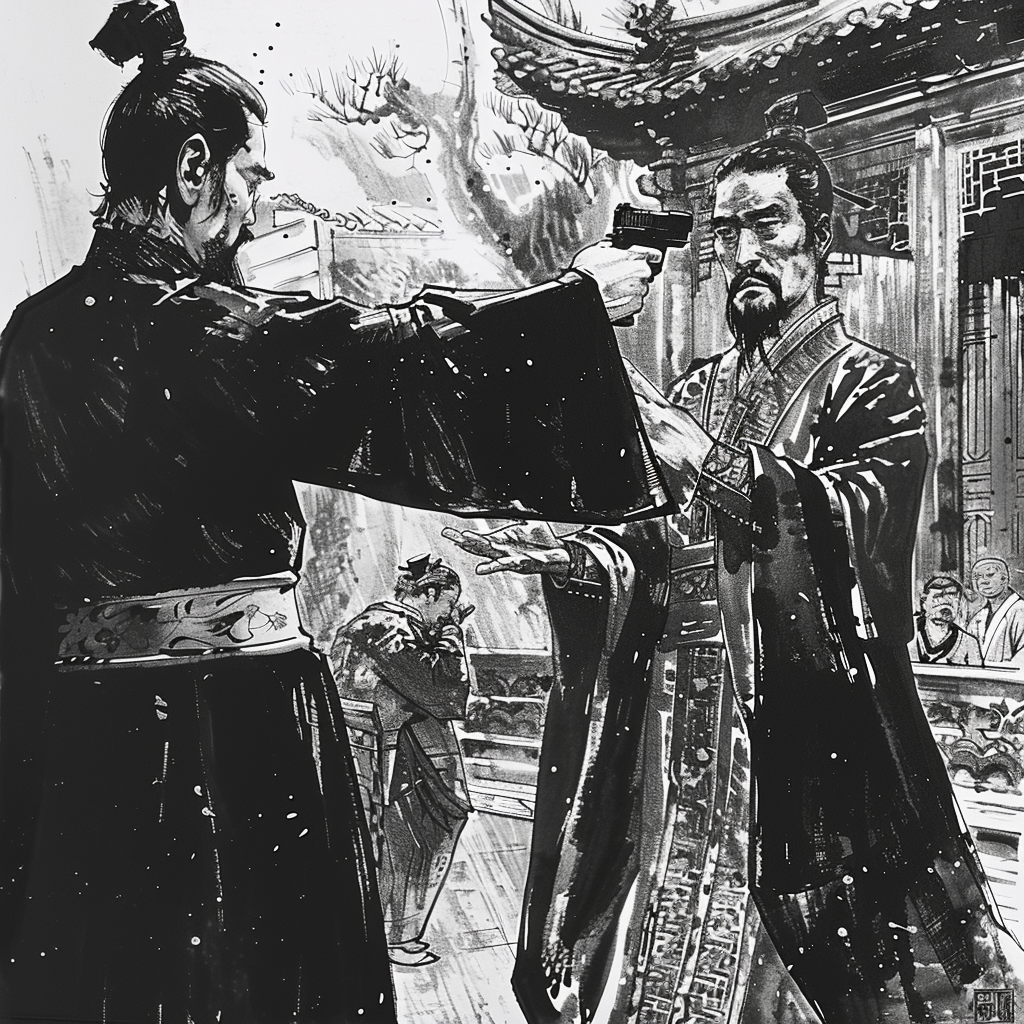 Man killing emperor with a gun