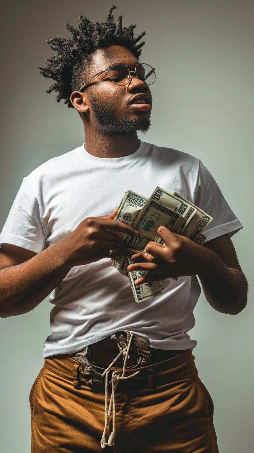 Man Holding Gut and 100 Bills