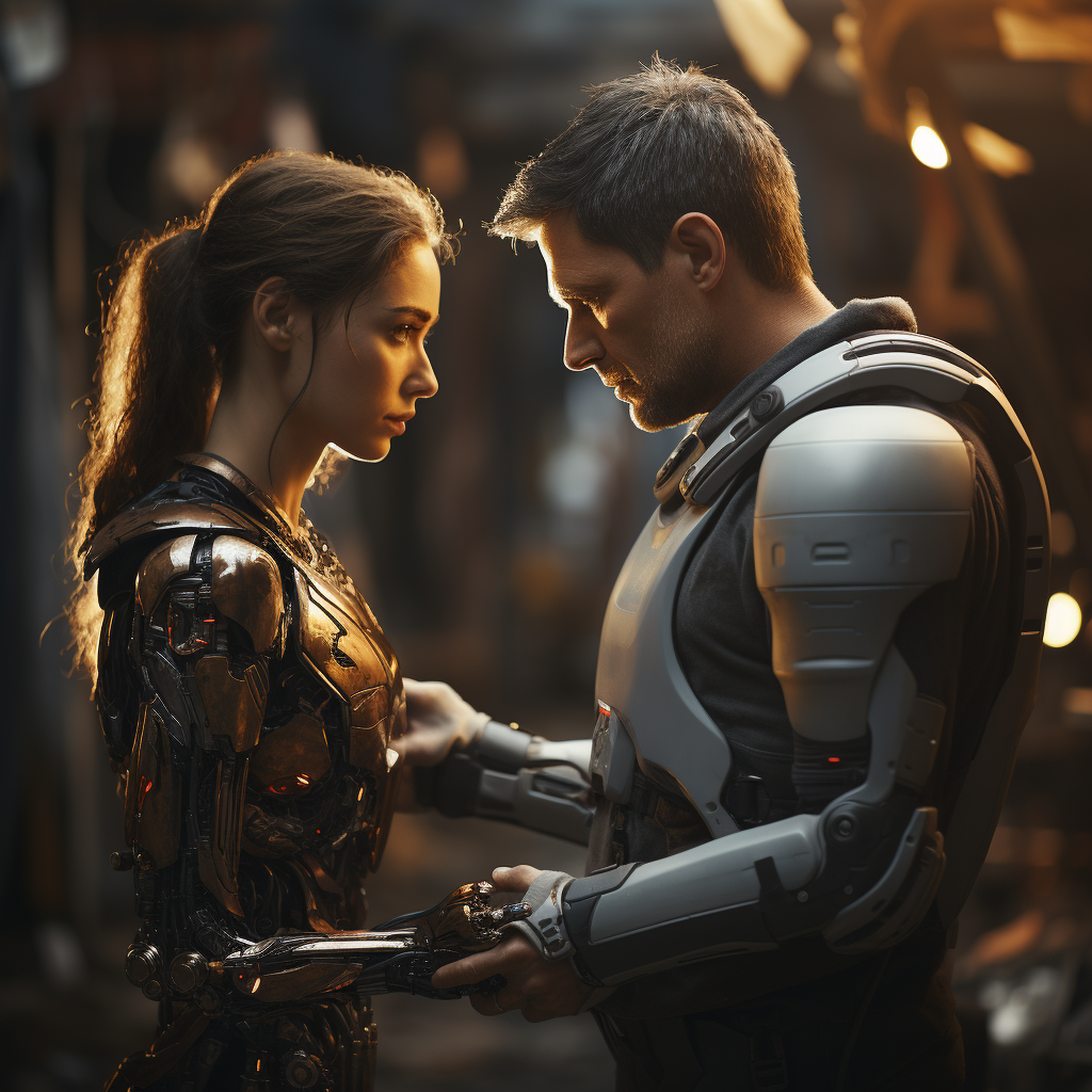 Man and Robot Woman Holding Hands