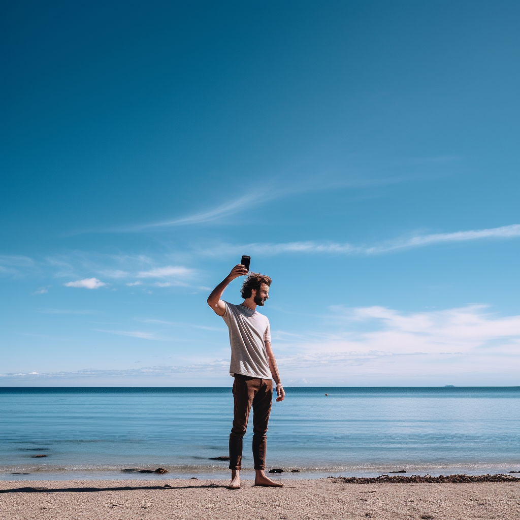 Man holding phone on beach side