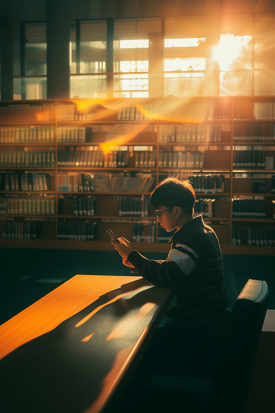 Man holding phone in library