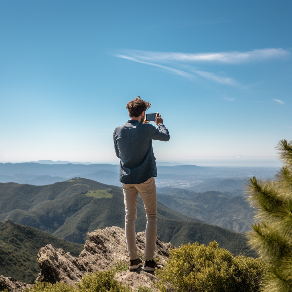 Man holding phone in mountain