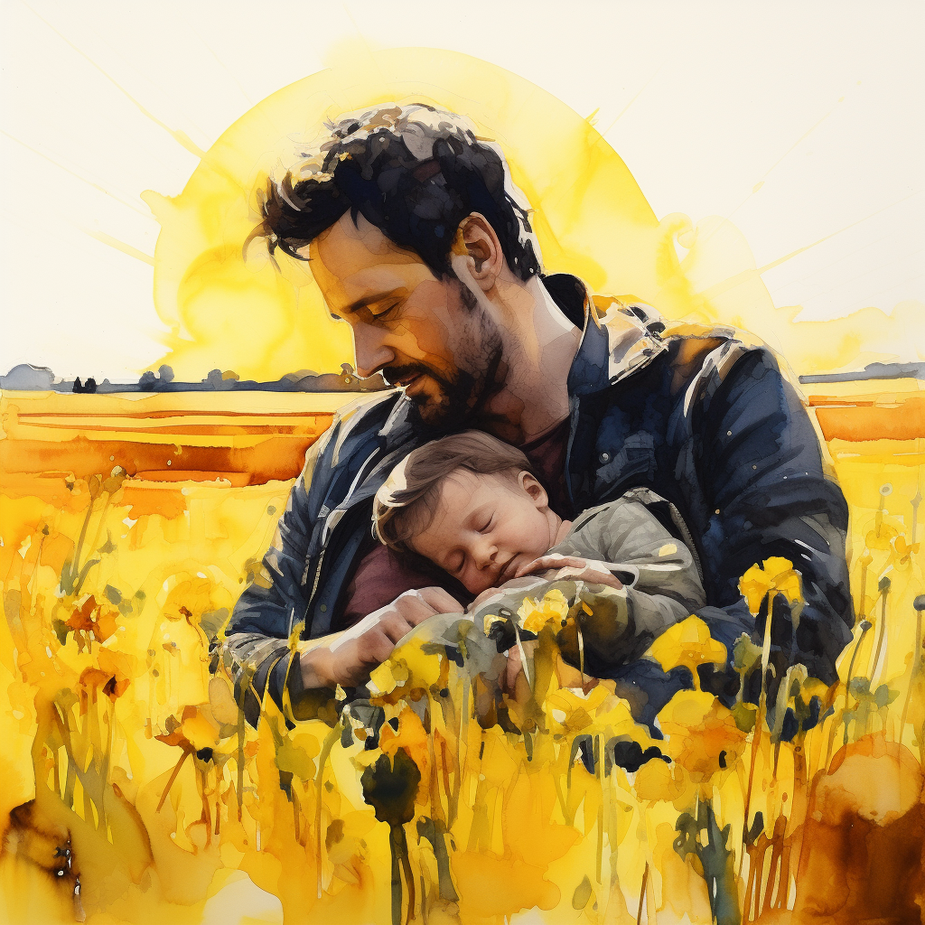 Man Holding Sleeping Baby, Yellow Field Painting