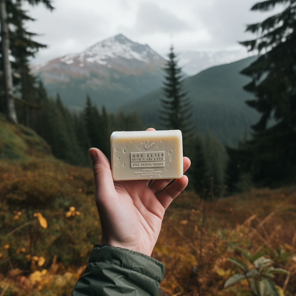 Man holding soap bar on mountain