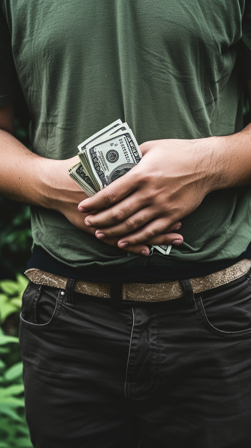 Man holding stomach with money