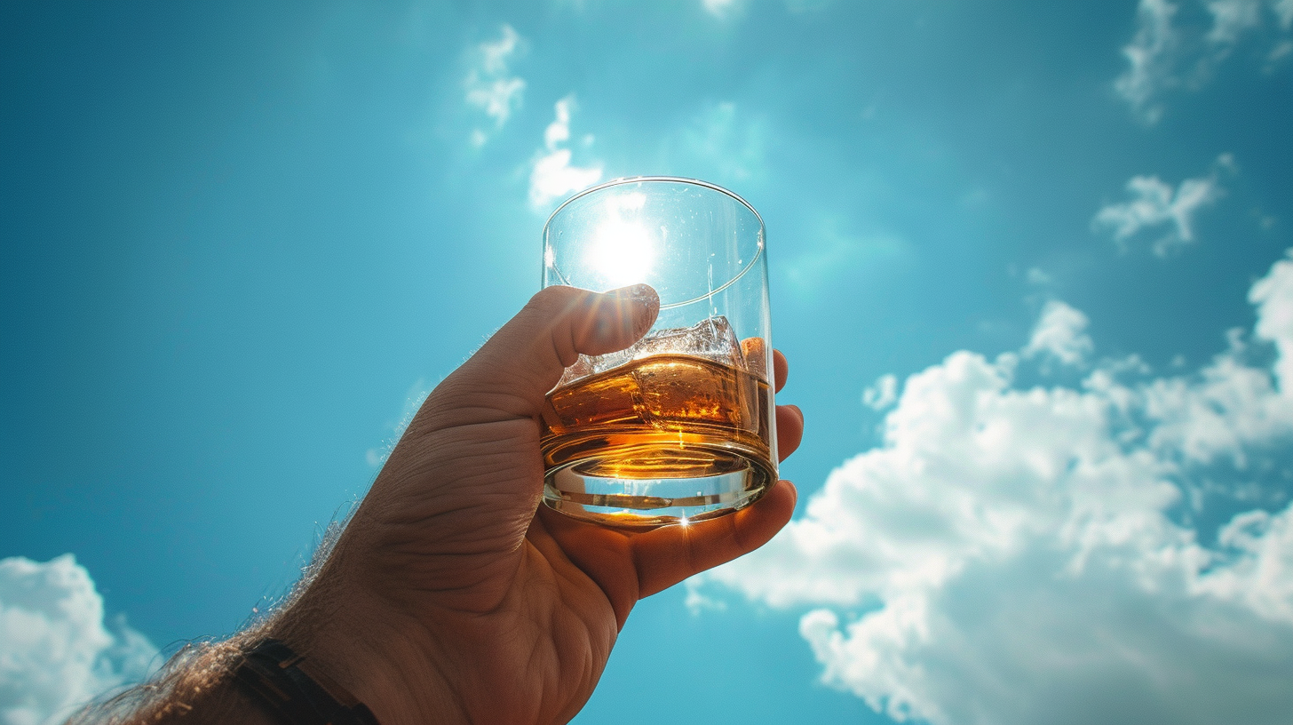 man holding whiskey glass blue sky