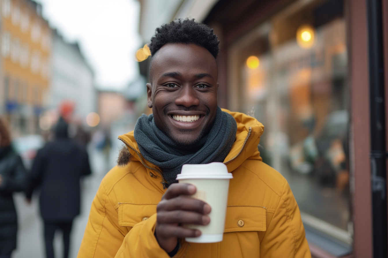 Smiling man with white coffee cup