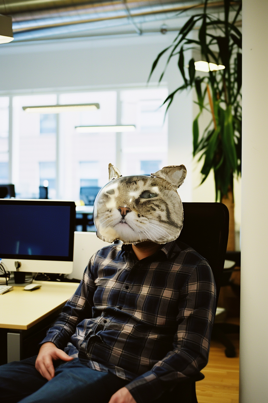 Amateur man wearing cat bubble head