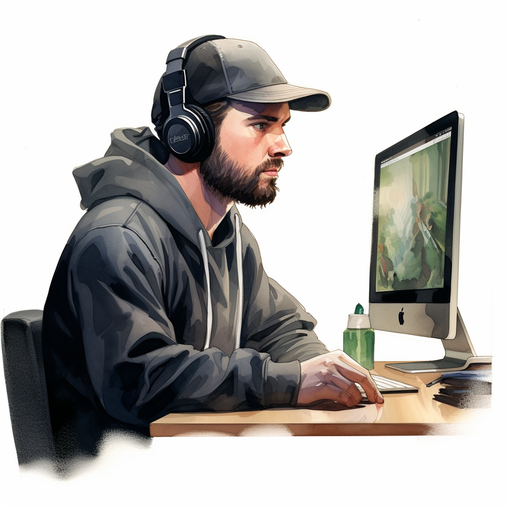 man in hoodie working at computer