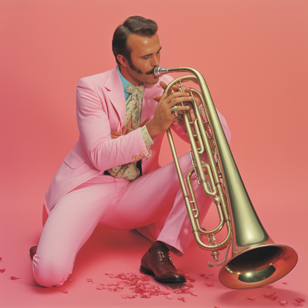 Man hugging trombone in retro 1970's style