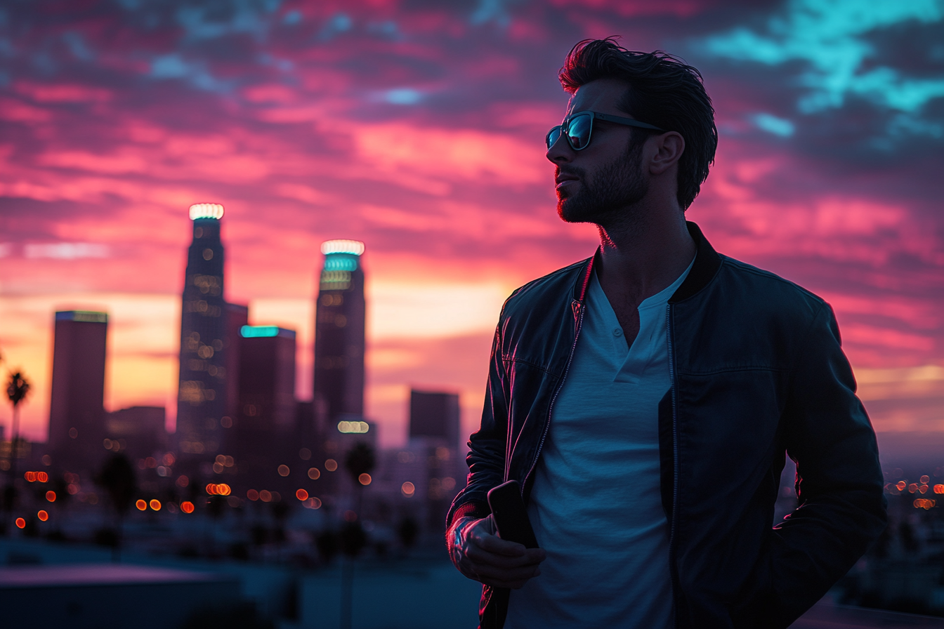 man in 30s on LA rooftop, resolute face, holding phone