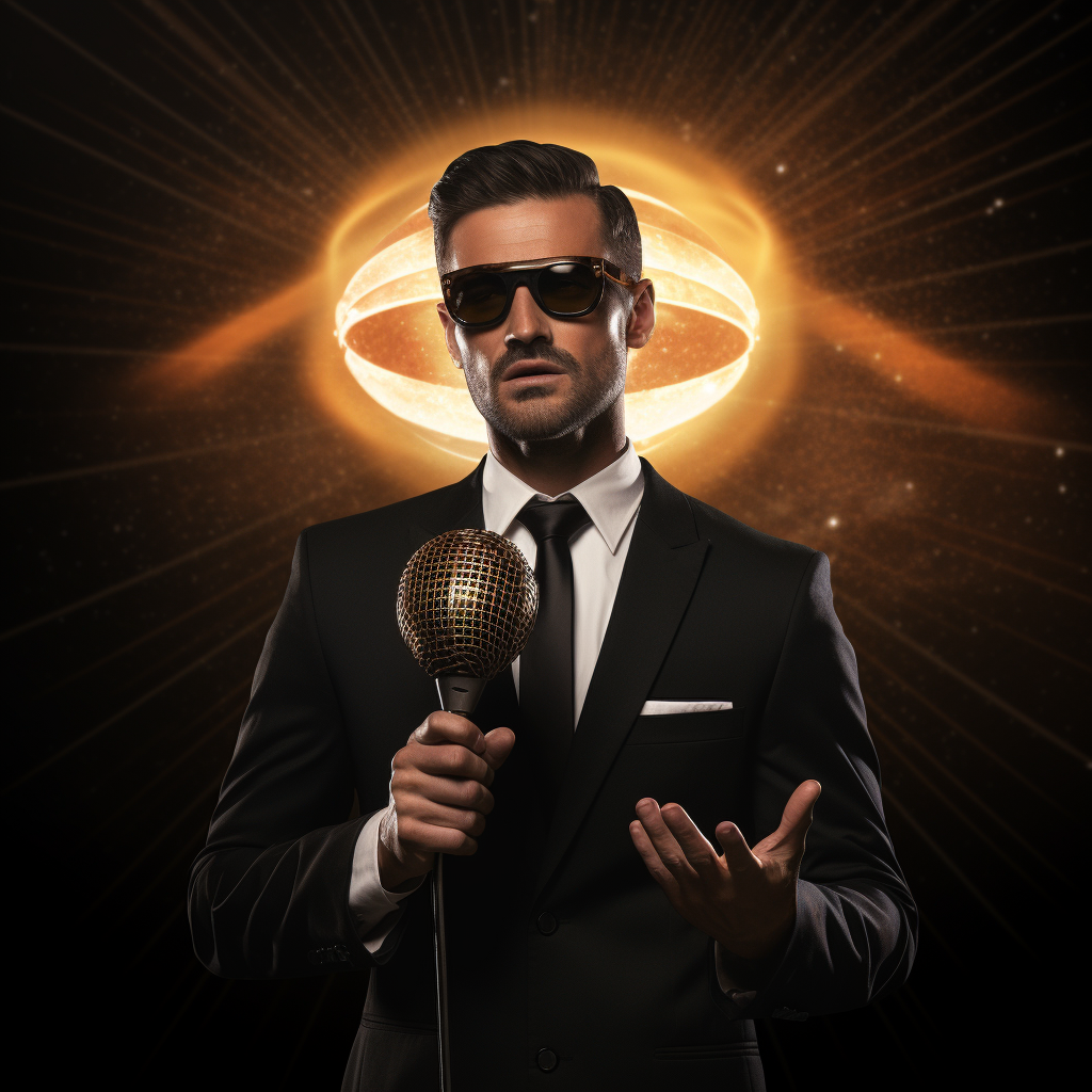 Stylish man holding golden microphone in black suit