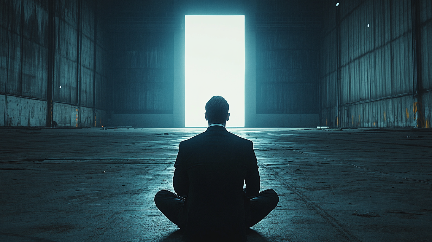 man in suit sitting in big dark hall