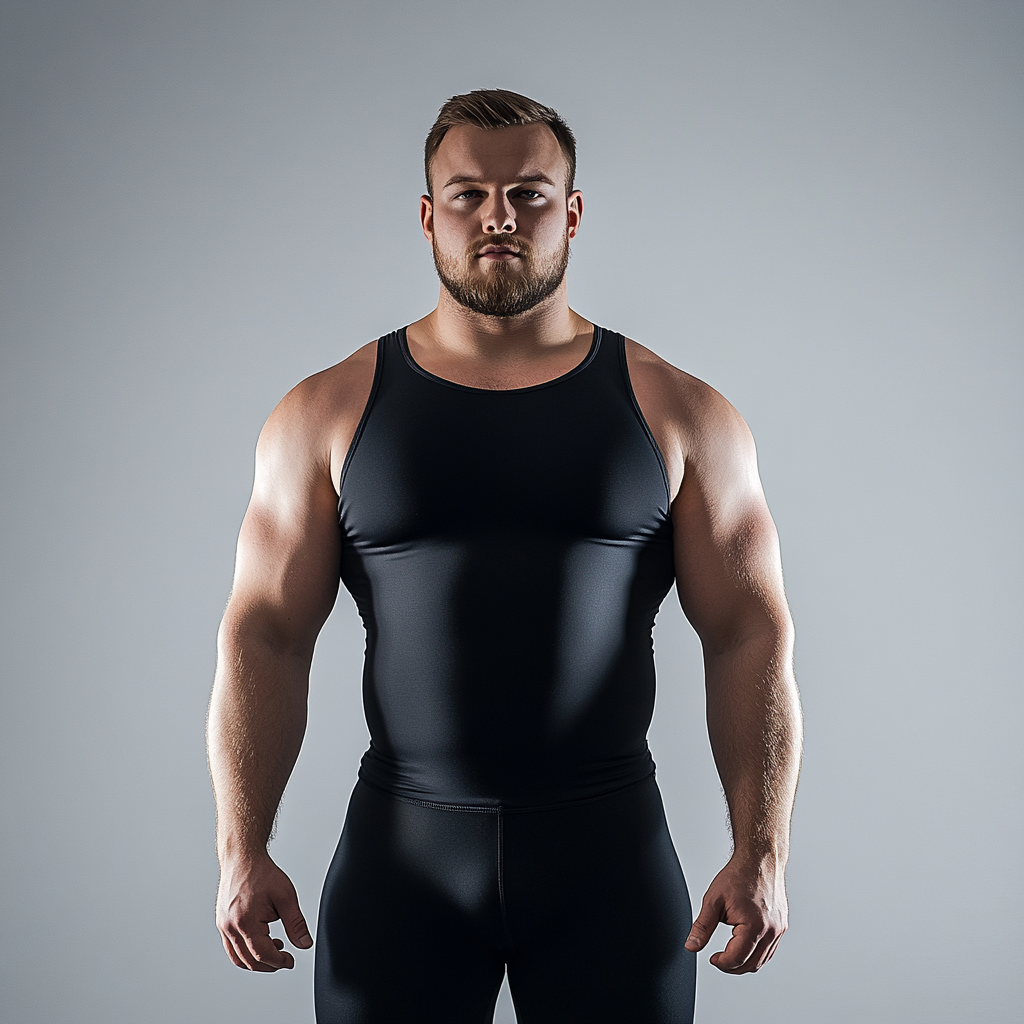 man in tight black tank top, round body shape