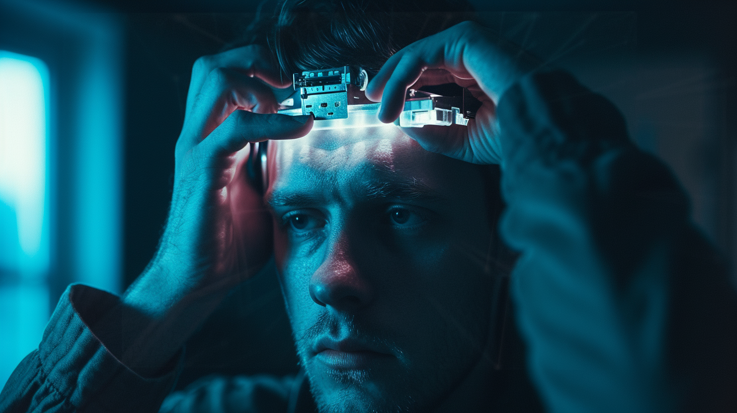 Man inserting flash drive into head