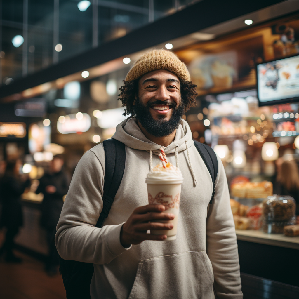 Man on ladder sipping giant milkshake in fast food restaurant