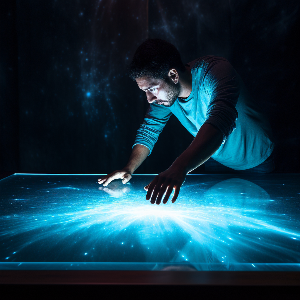 Man closely examining shiny table surface