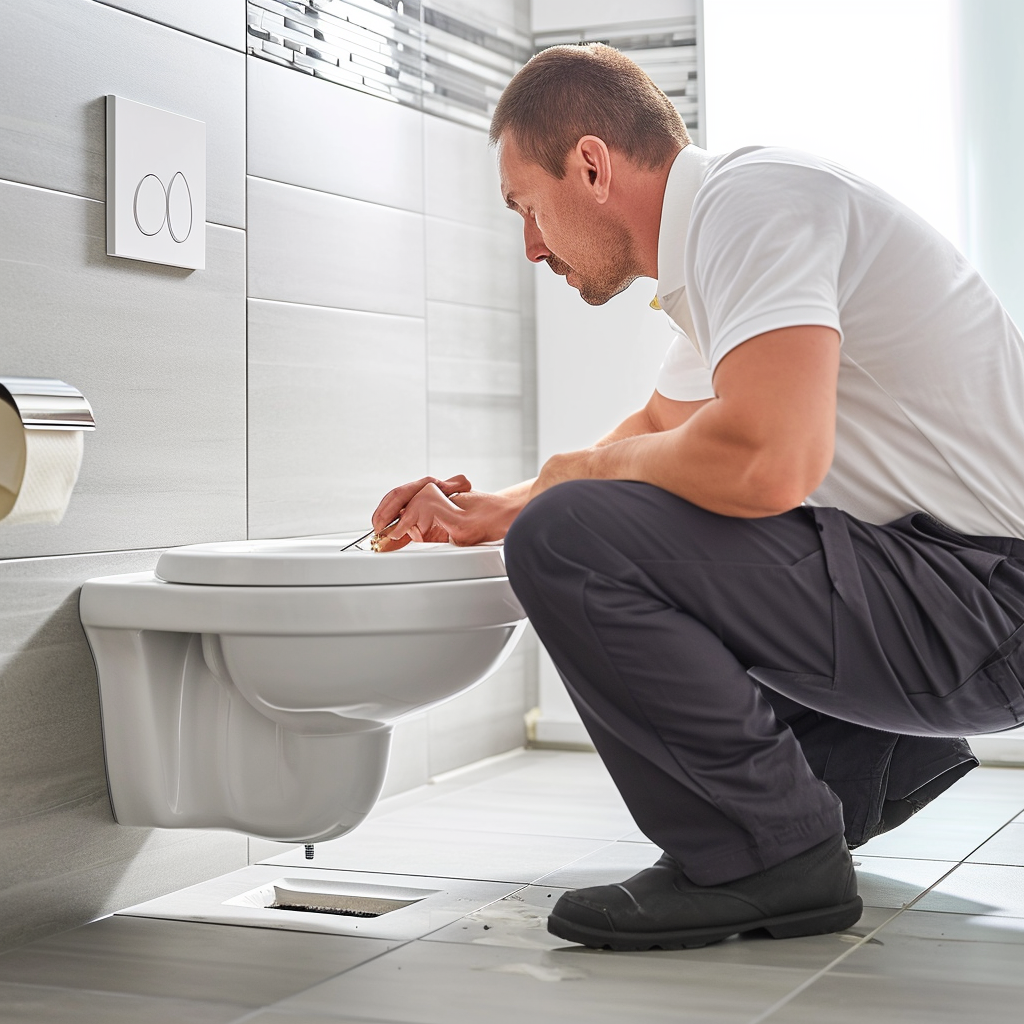 Man installing toilet in bathroom