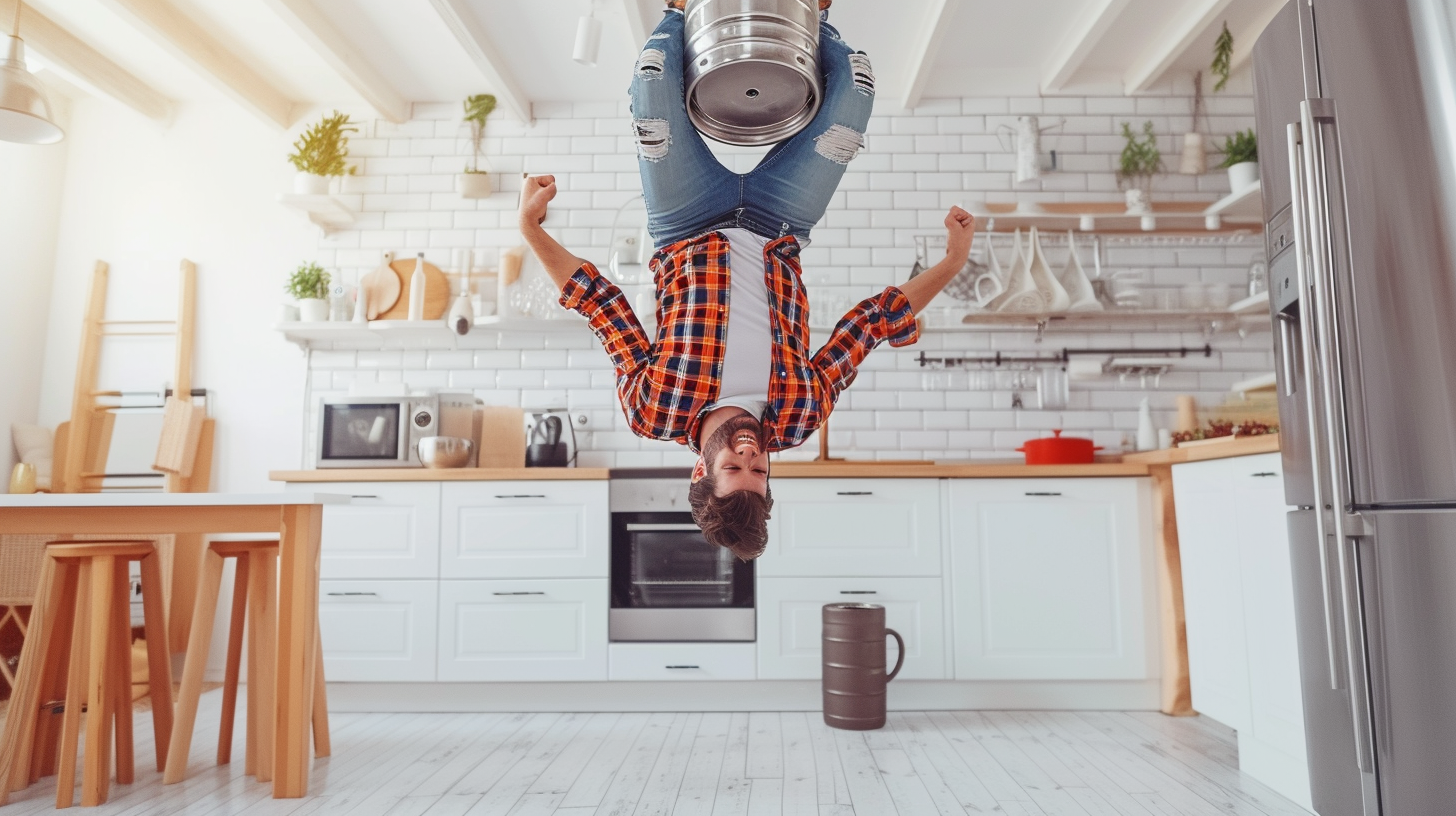 Man doing keg stand in kitchen