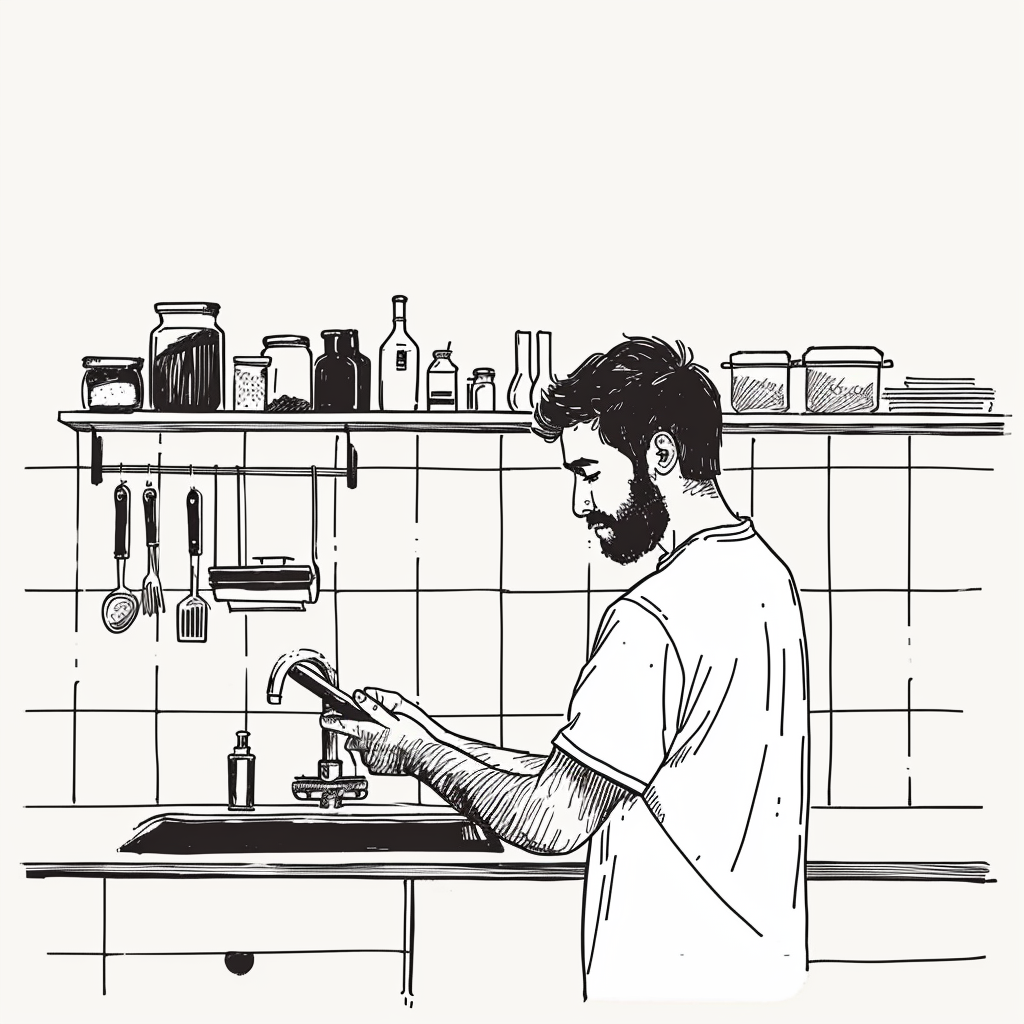 Man in Kitchen Using Phone