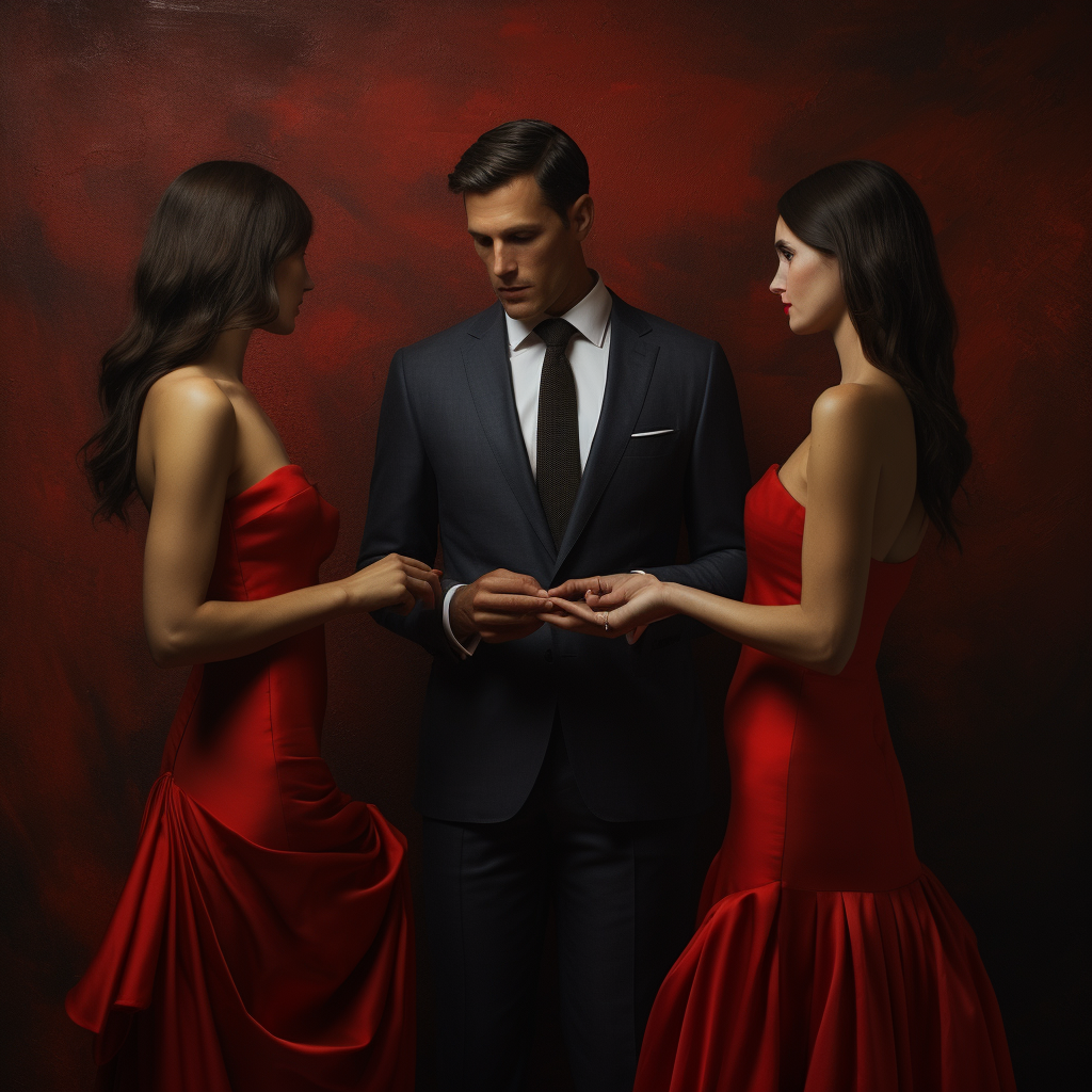 Man looking at lady in red dress holding hands