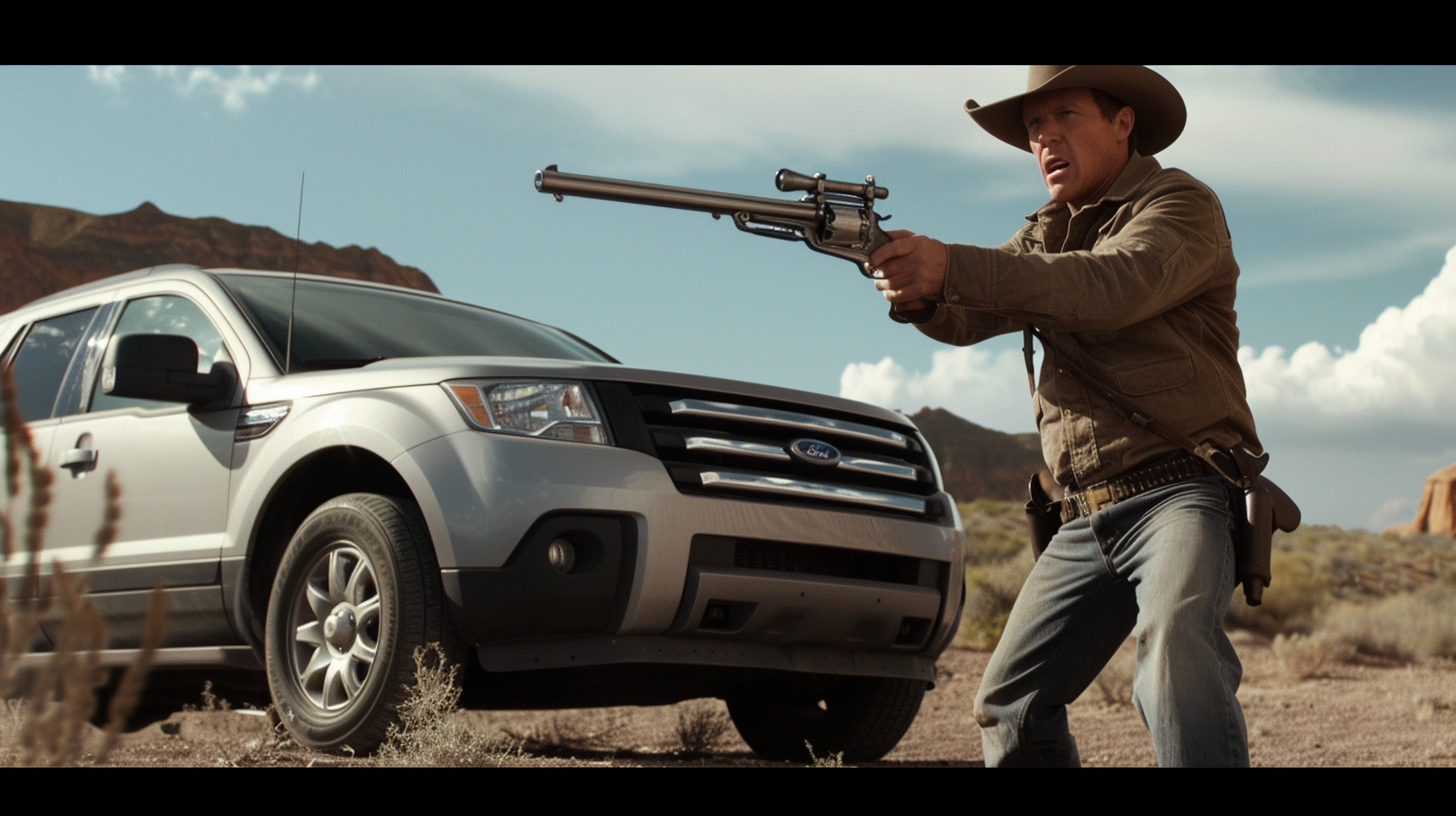 Man with Lever Action Gun in front of Silver Ford Edge