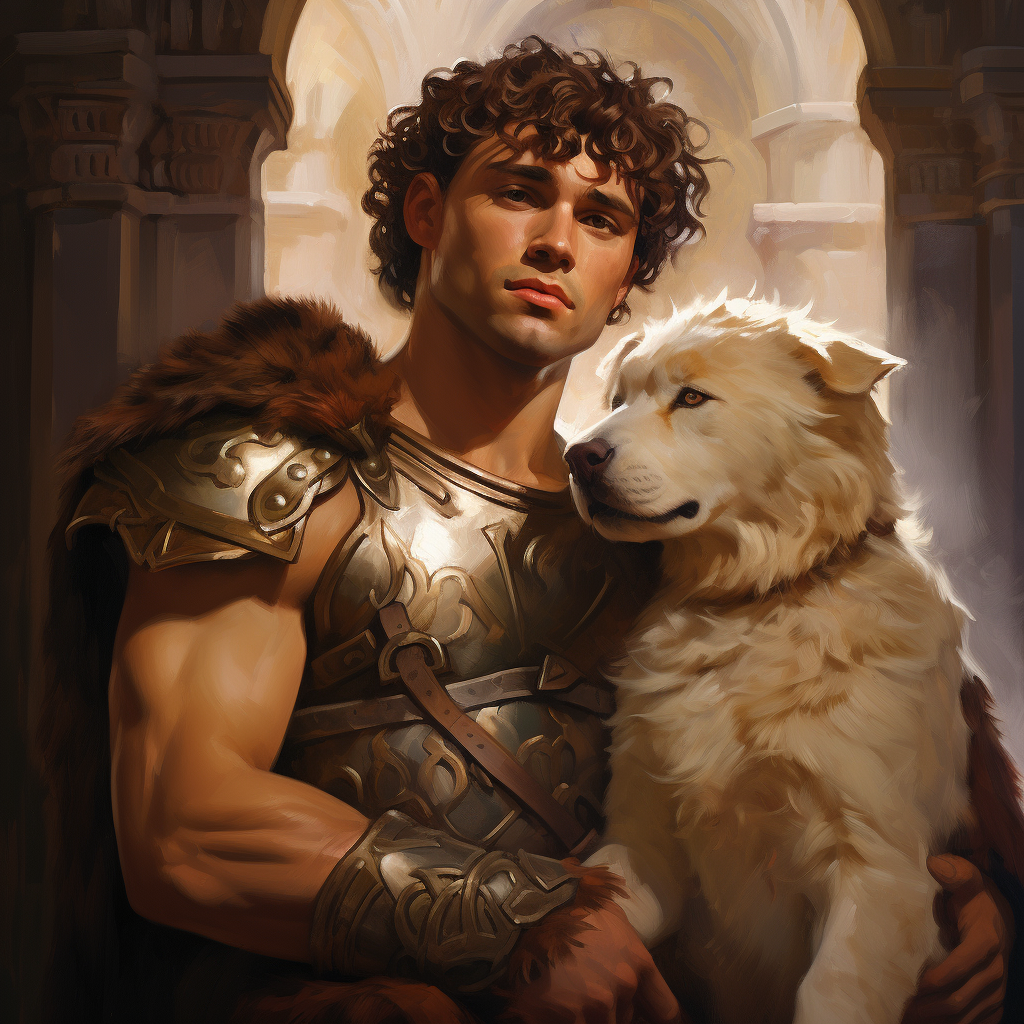 Attractive man with lion pet and Dalmatian in armor