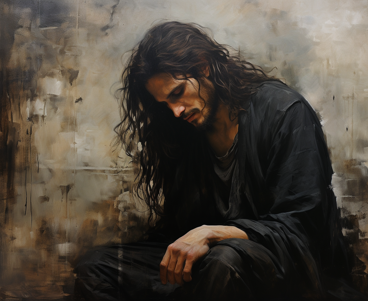 Man with Long Hair Weeping in Vintage Painting