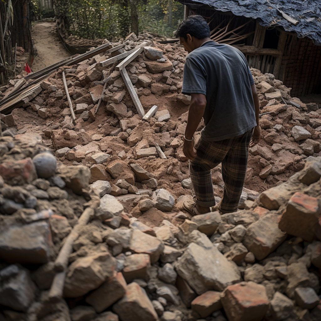 Man looking at house foundation