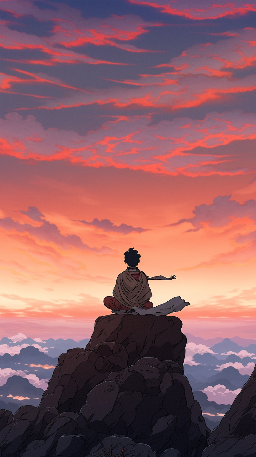 Man meditating on mountain at sunset