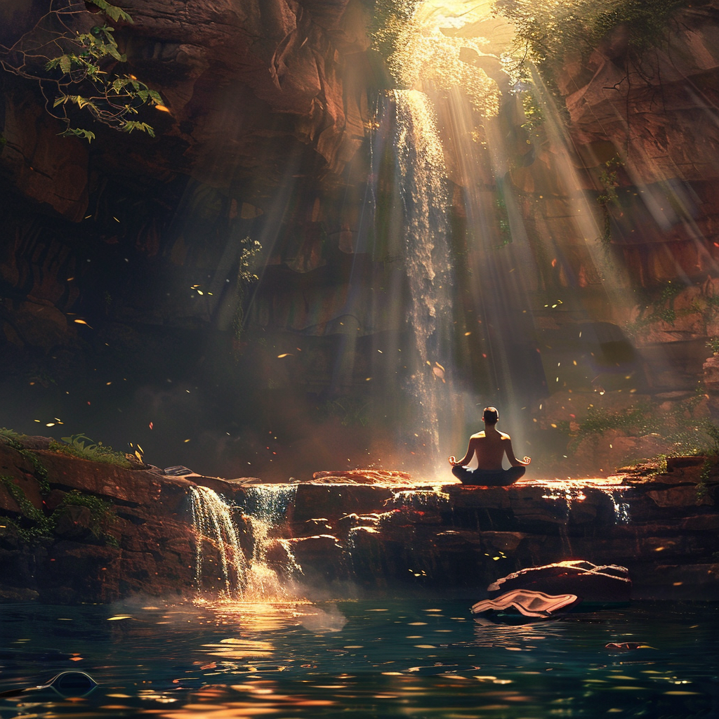 Man Meditating in Waterfall Sunlight