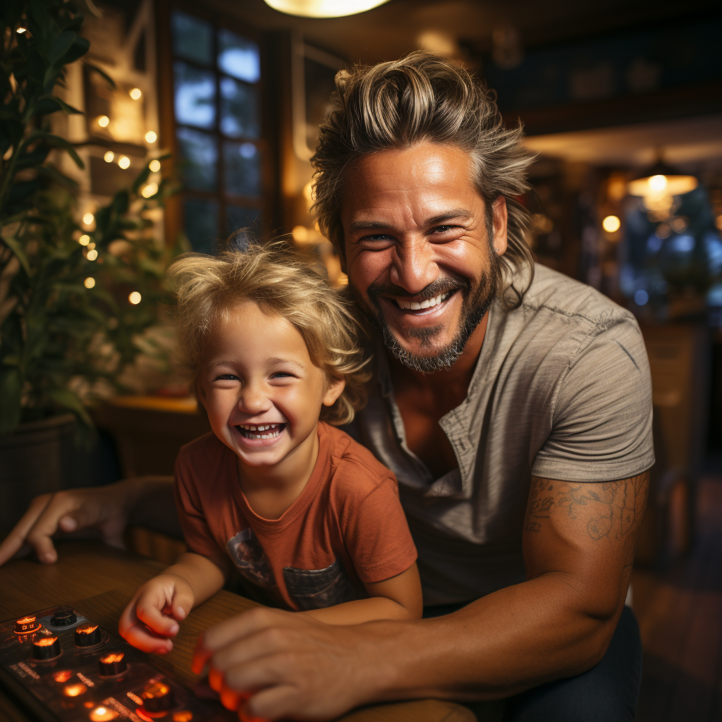 Man playing video games with younger self