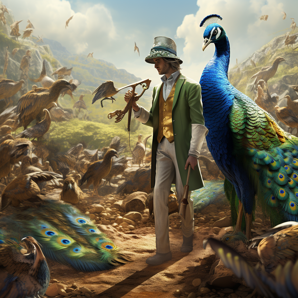 Mysterious man mining a light blue peacock