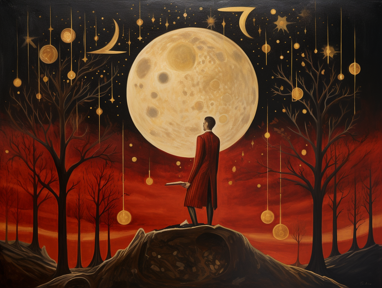 Man gazing at moon in symbolic crimson and gold