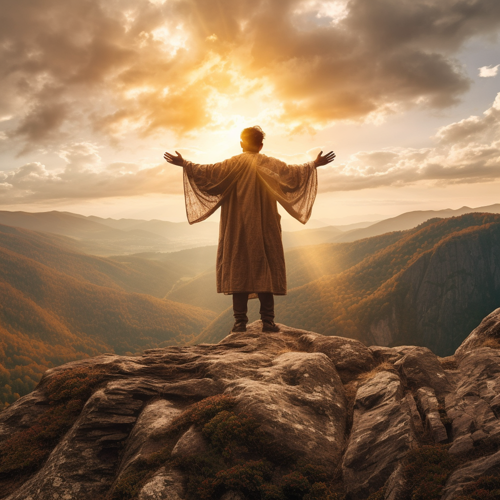 man on mountain embracing sunrise